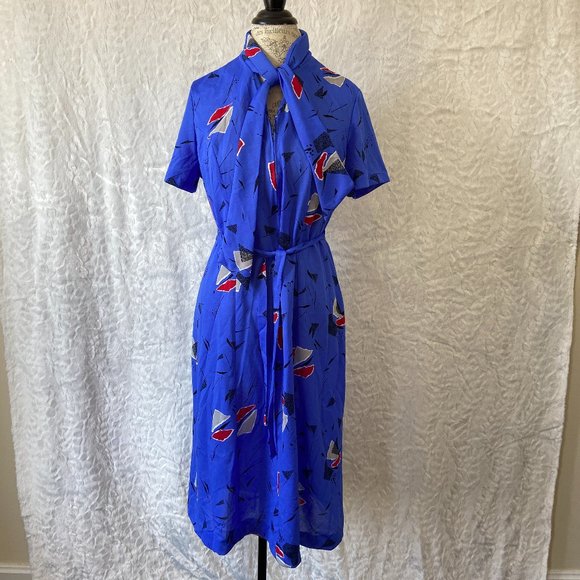 Vintage 70's Handmade Abstract Print Tie Secretary Dress - Picture 1 of 8
